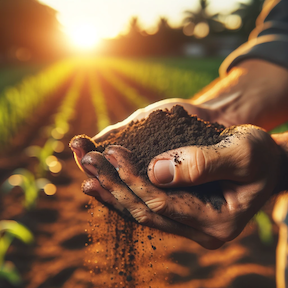 a close-up of a Middle-Eastern descent farmer's hand, gently releasing a handful of dark, nutrient-rich soil. The soil, infused with fine granules of ammonia-based fertilizer, streams between the fingers against a softly blurred background. This backdrop features a sunlit, lush green farm field, bathed in warm, golden sunlight. The image evokes a strong sense of agriculture and the nurturing connection between the farmer and the earth.